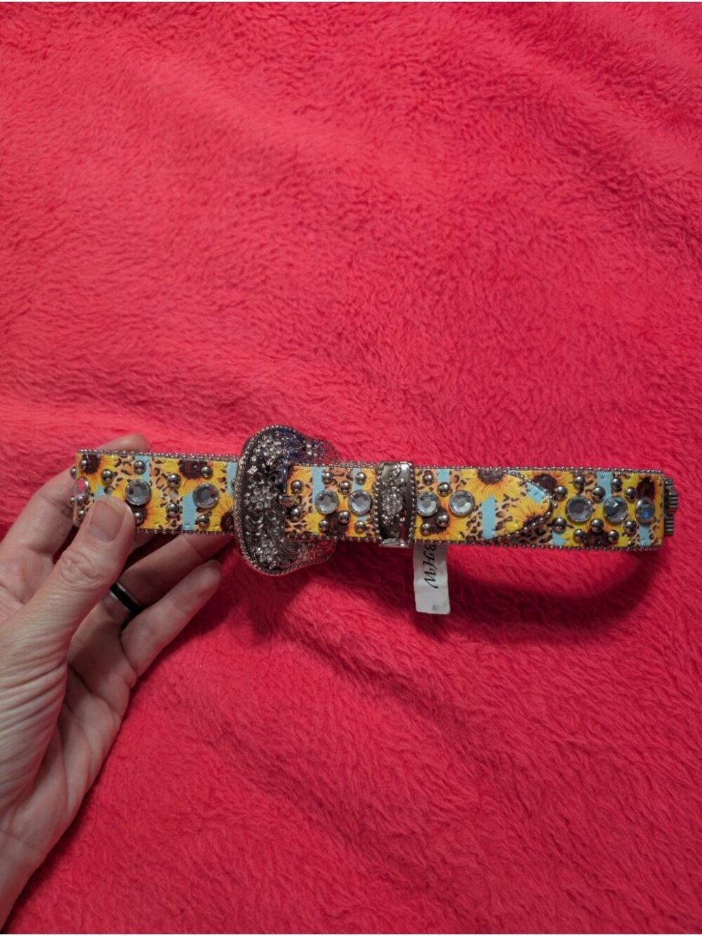 BHW Womens S M Sunflower Leopard Print Rhinestone Leather Western Belt Cross